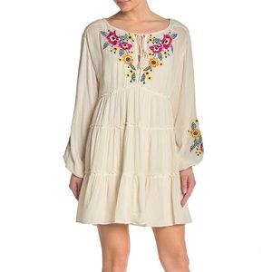 Free People Dress Long Sleeve Embroidered Peasant Boho Ivory XS